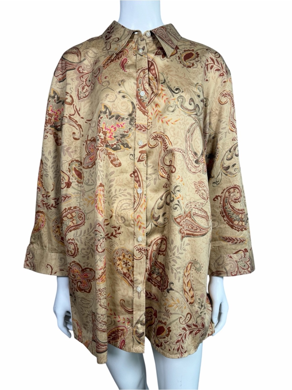 Lauren Ralph Lauren Paisley Button Front Shirt Blouse Tan 3X Business Casual - Picture 2 of 9
